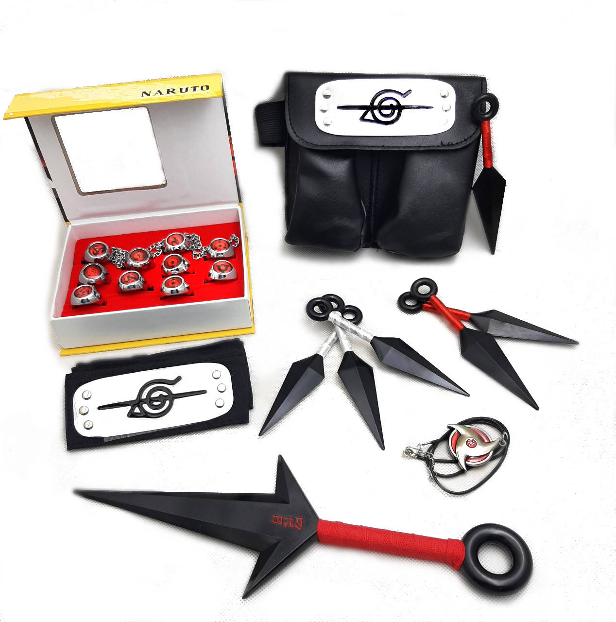 

Набор Наруто повязка + кулон + набор колец + кунаи 7 шт + сумка-чехол