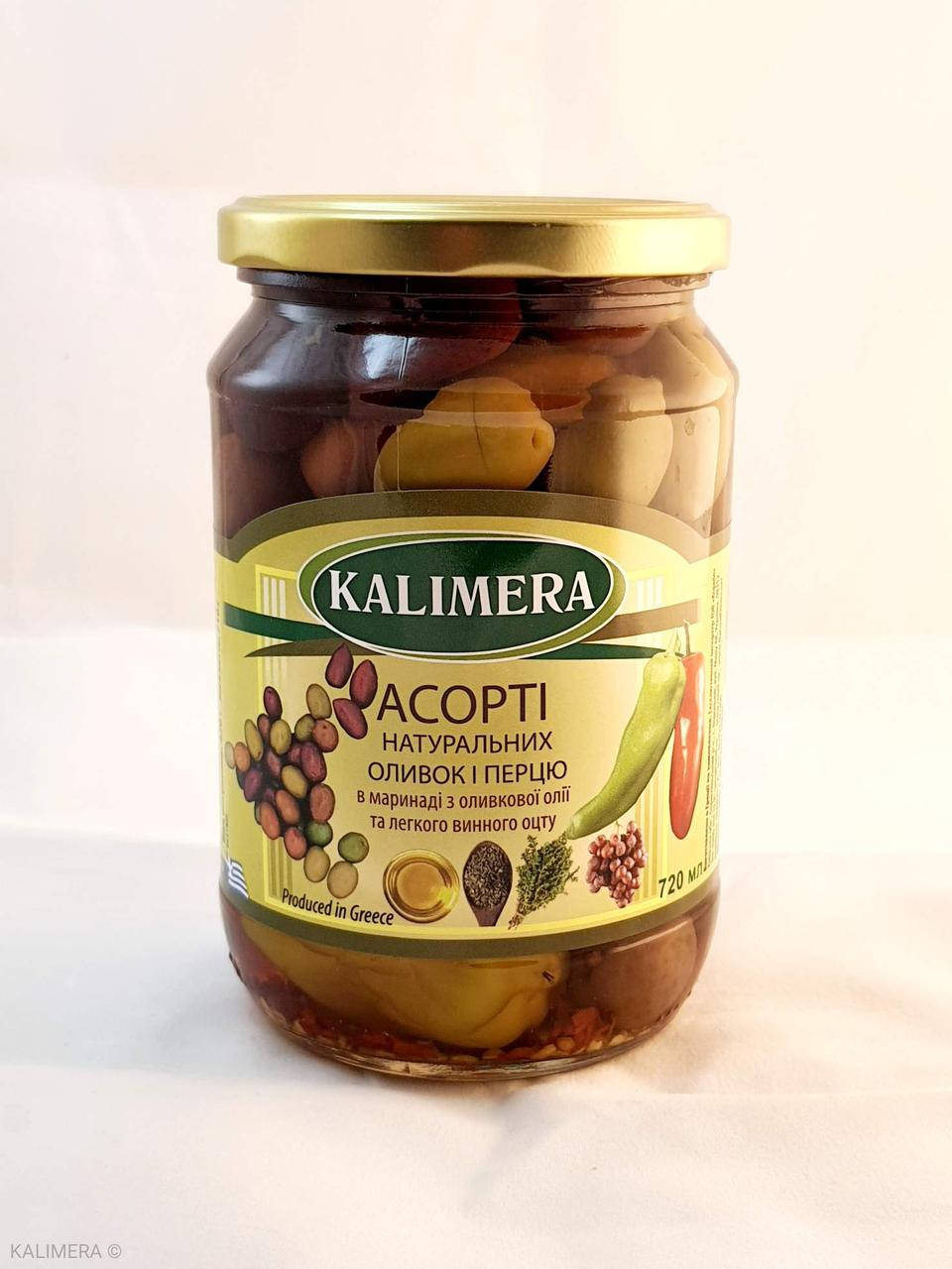 

Асорті натуральних оливок та перчиків у маринаді з оливковою олією та винним оцтом 720мл, 420г.св