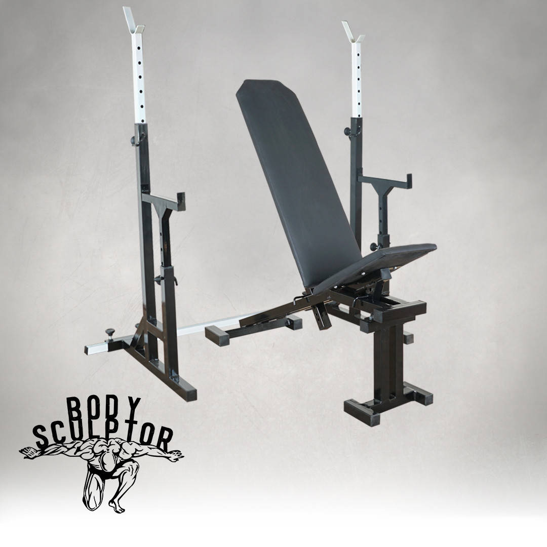 

Скамейка с отрицательным (углом до 300 кг) + Стойки под штангу с страховкой (до 200 кг), Черный