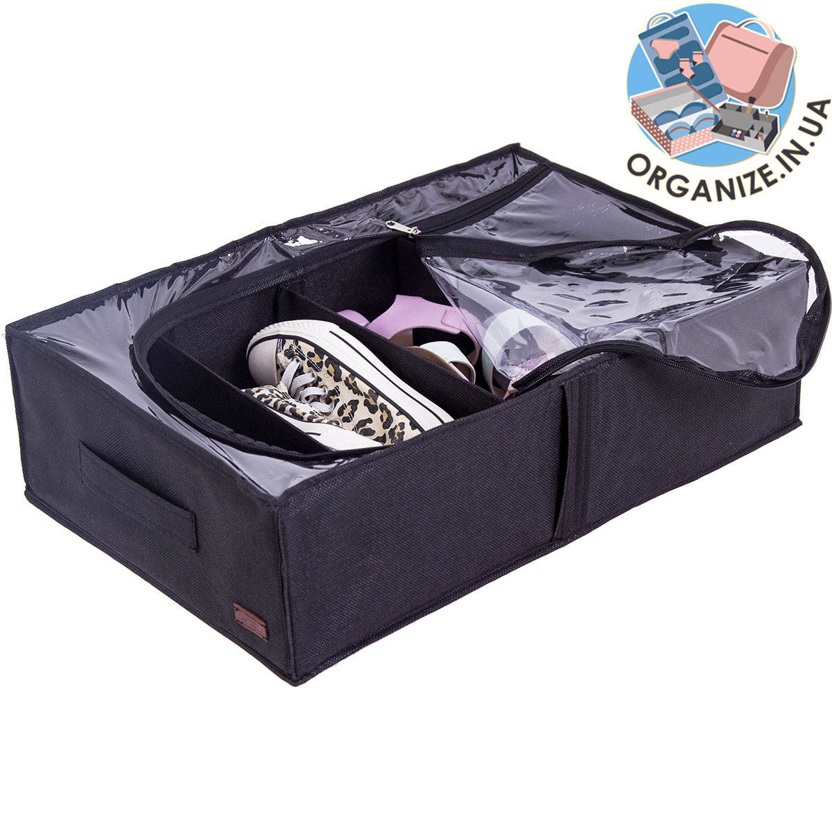 

Текстильный кофр для хранения вещей на 4 отдела 50*35*14 см (со съемными перегородками) ORGANIZE (черный)