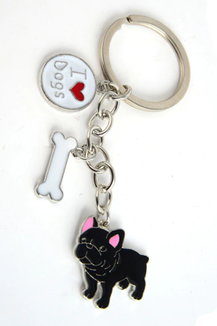 

Брелок на ключи металл порода собака французский бульдог черный косточка