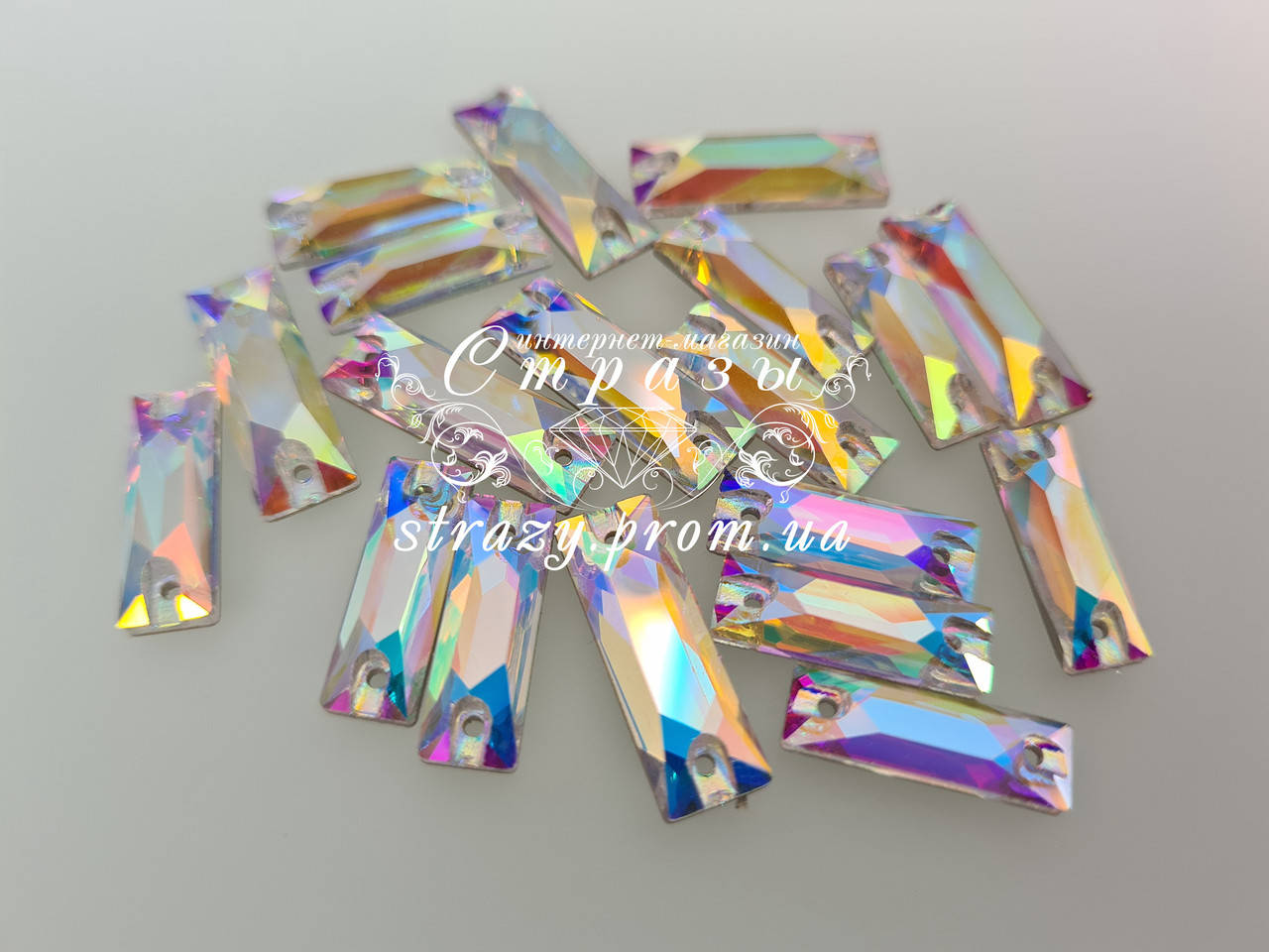 

Стразы пришивные Lux Багет 7*21мм. Crystal AB