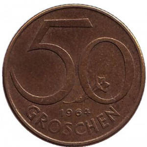 

Монета 50 грошей. 1959-2001 год, Австрия. (Г)