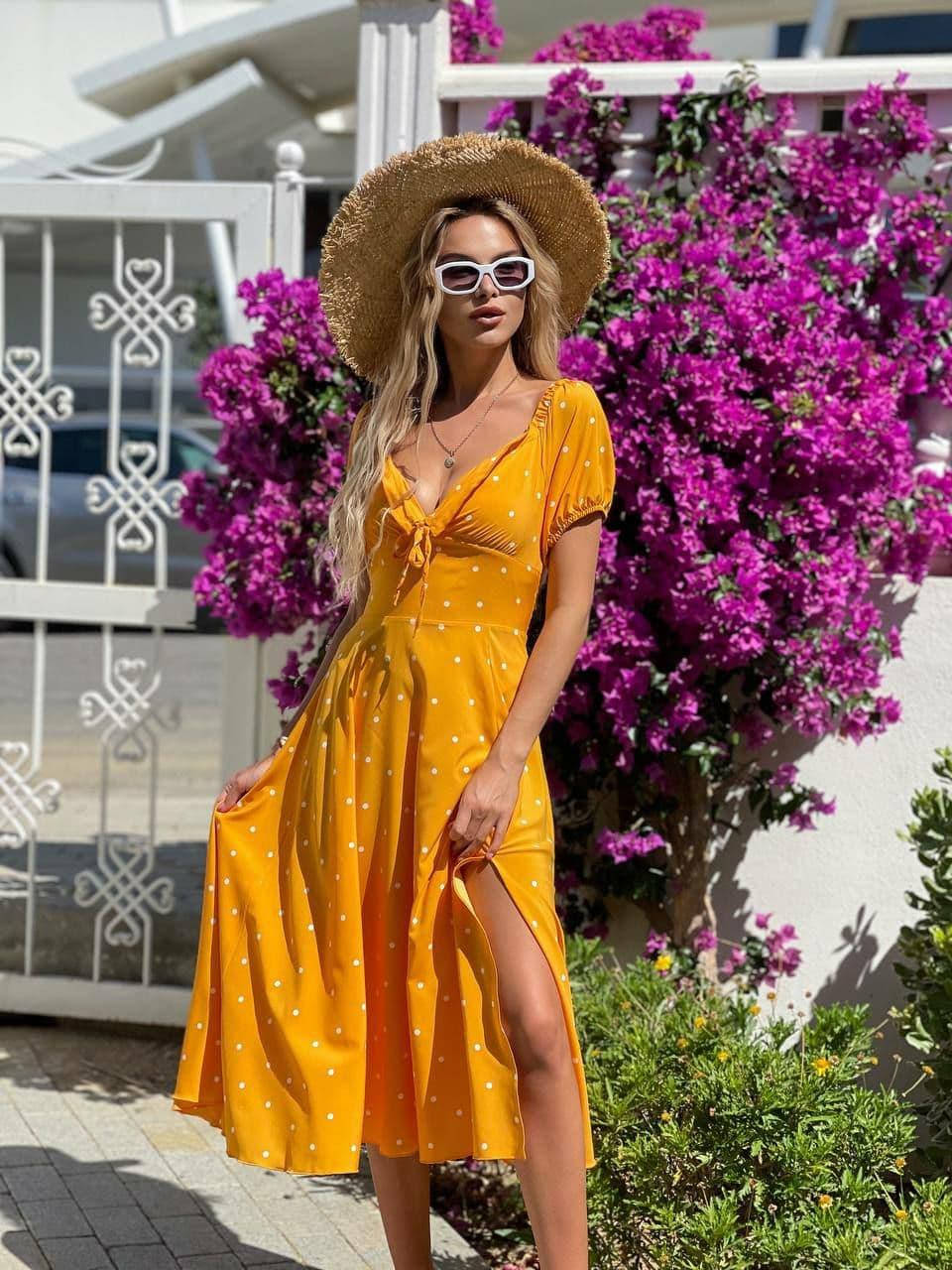 

Женское стильное летние длинное платье миди в горошек Оранж, 42/44