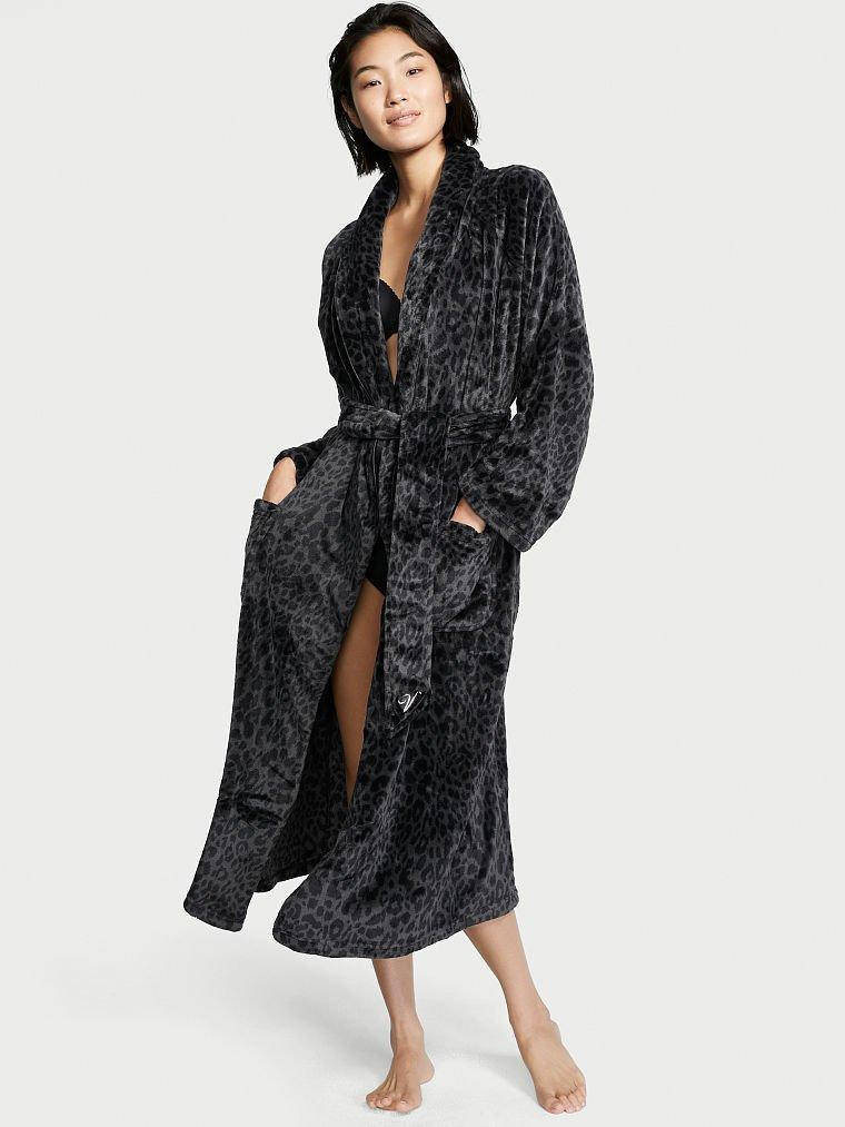 

Плюшевый Халат Victoria's Secret Plush Long Robe Длинный, Леопардовый черний M/L, Черный