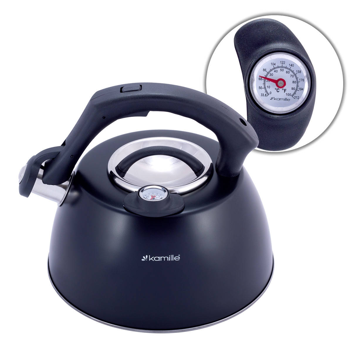 

Чайник Kamille 3л из нержавеющей стали со свистком и термометром для индукции и газа KM-1077A, Черный