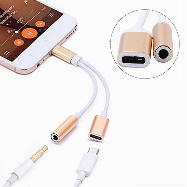 

Кабель-переходник 2 в 1 Type-C(папа) на Type-C Jack 3.5мм (мама) KY-174, Золотистый