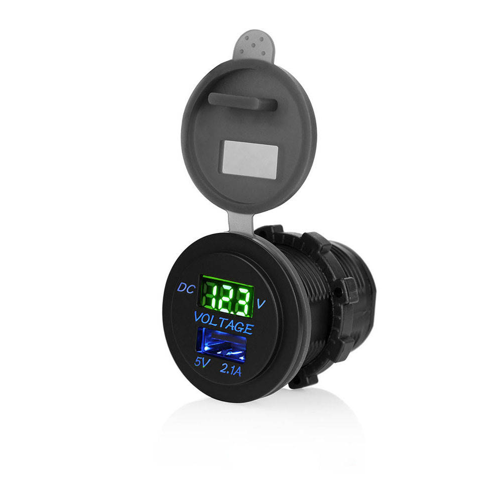 

USB розетка Р12 автомобильная круглая врезная с вольтметром (12-24В, USB 2.1А, с крышкой, с зеленой, Зелёный