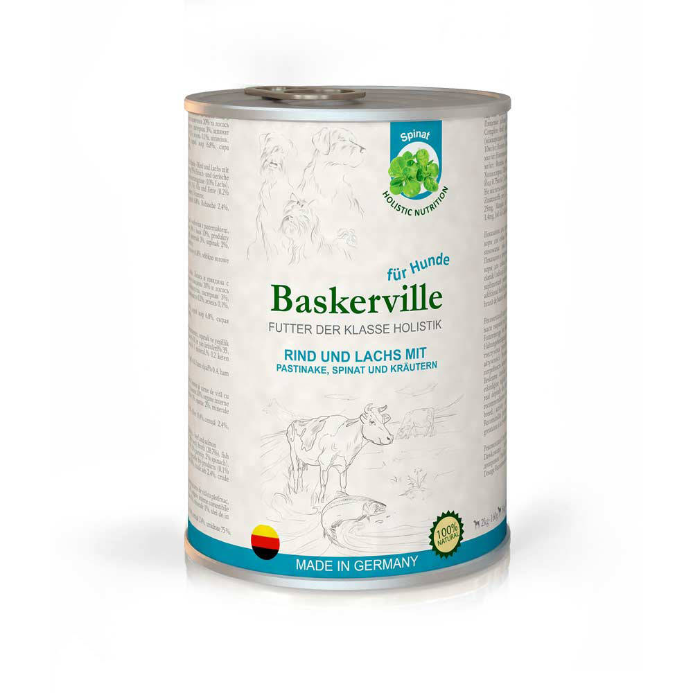 

Baskerville Говядина и лосось с пастернаком, шпинатом и зеленью. Корм класса холистик для собак (400 г)