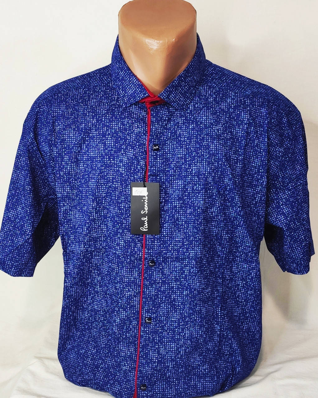 

Рубашка мужская с коротким рукавом батальная Paul Smith vk-0105 синяя в принт стрейч коттон Турция, Синий