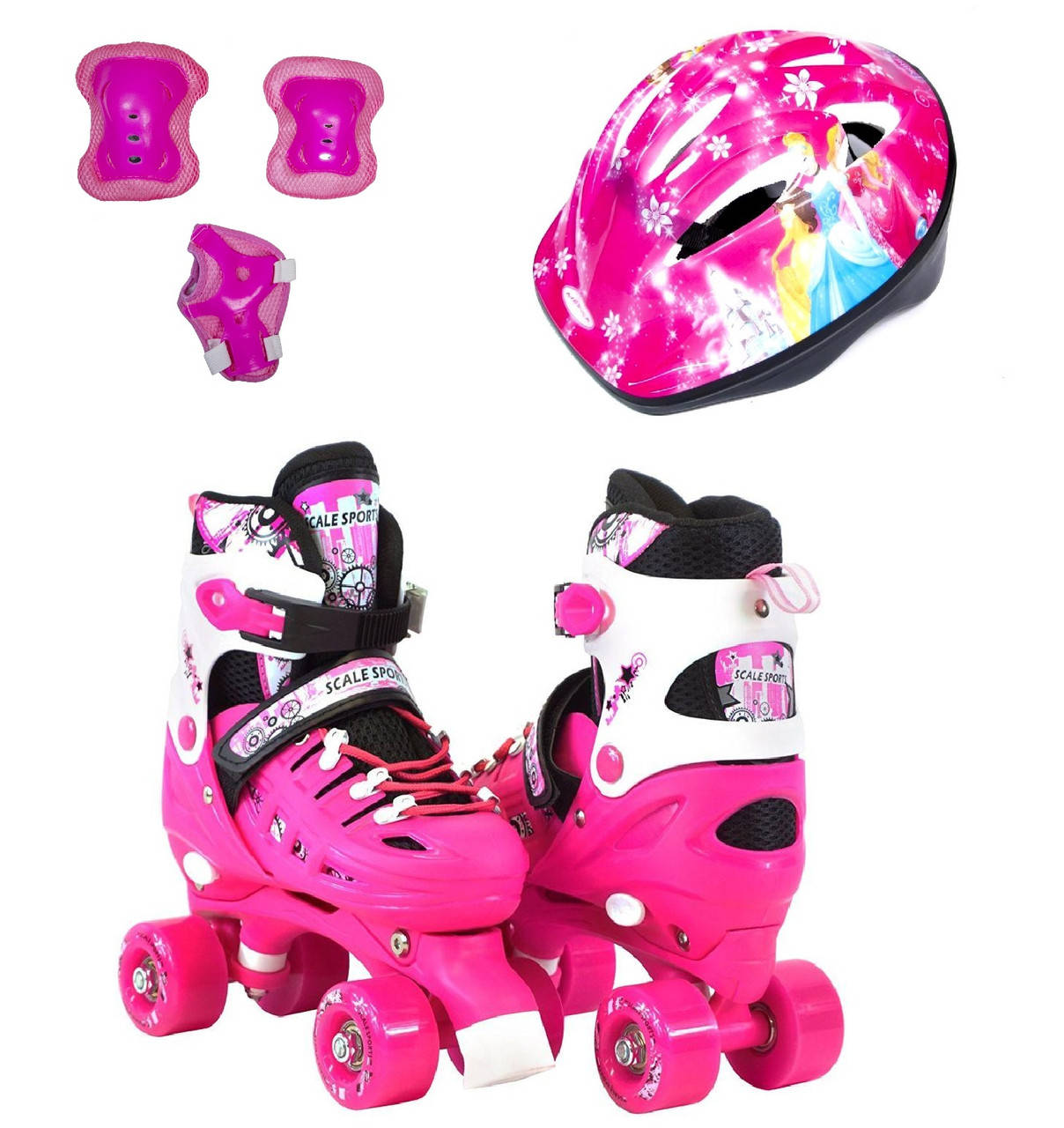 

Ролики-квады детские с защитой и шлемом Scale Sports. Малиновый цвет. Размеры 29-33 / 34-38, Розовый