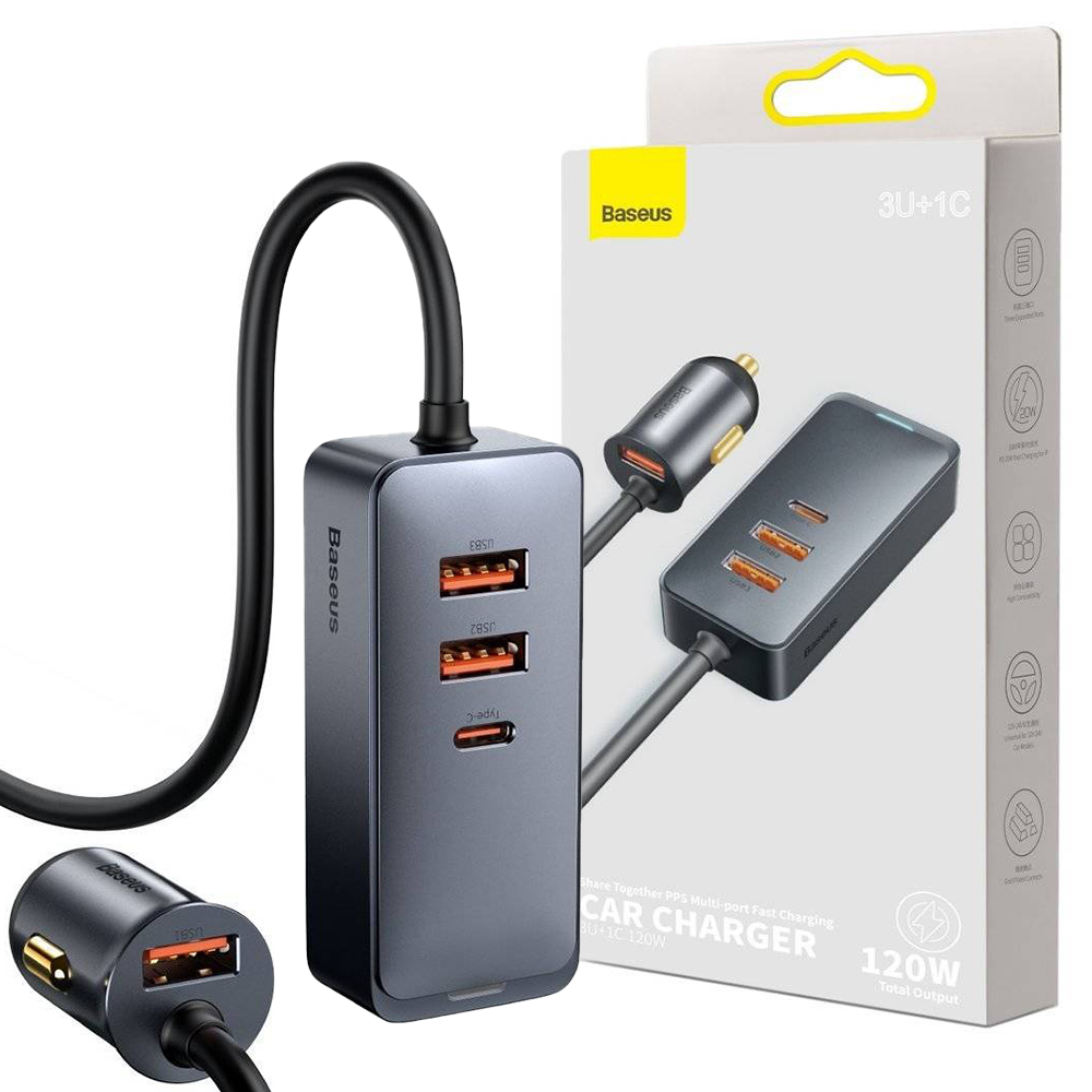

Быстрая и мощная зарядка в прикуриватель120W Baseus Share Together PPS multi-port Fast Charging 3USB+1 Type-C, Темно-серый