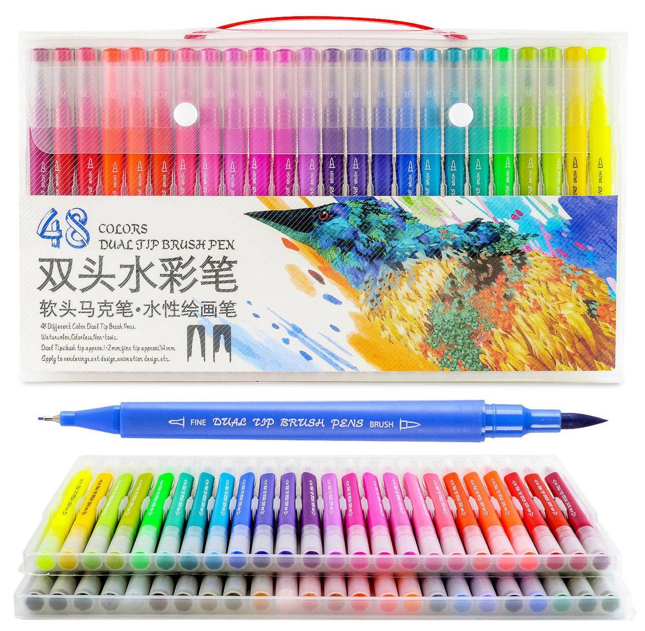 

Двухсторонние акварельные маркеры-линеры для скетчинга Dual Tip Brush Pens 48 цветов, набор скетч маркеров