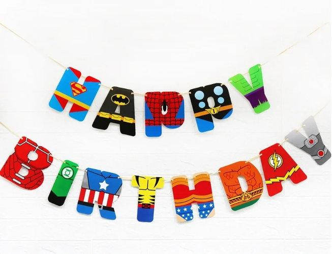 

Гирлянда Happy Birthday фигурная в стиле "Супергерои" (разноцветные фигурки) до 4,5-х метров
