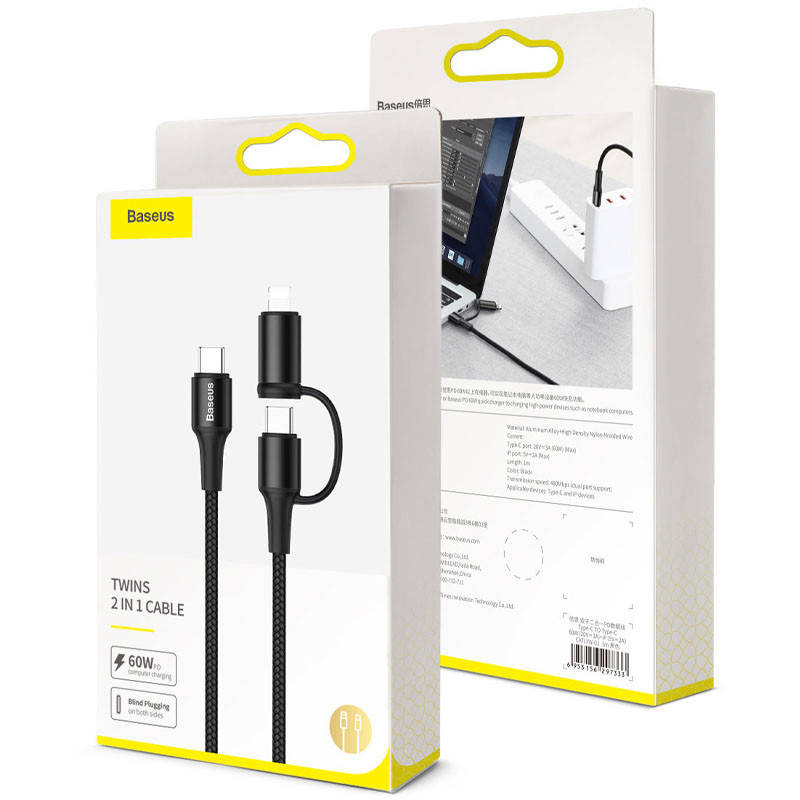 

Кабель USB Type-C Baseus Twins 2 in 1 cable Type-C to Type-C 60W (20V/3A)+iP(5V/2A) 100 см Black (CATLYW-H01), Черный