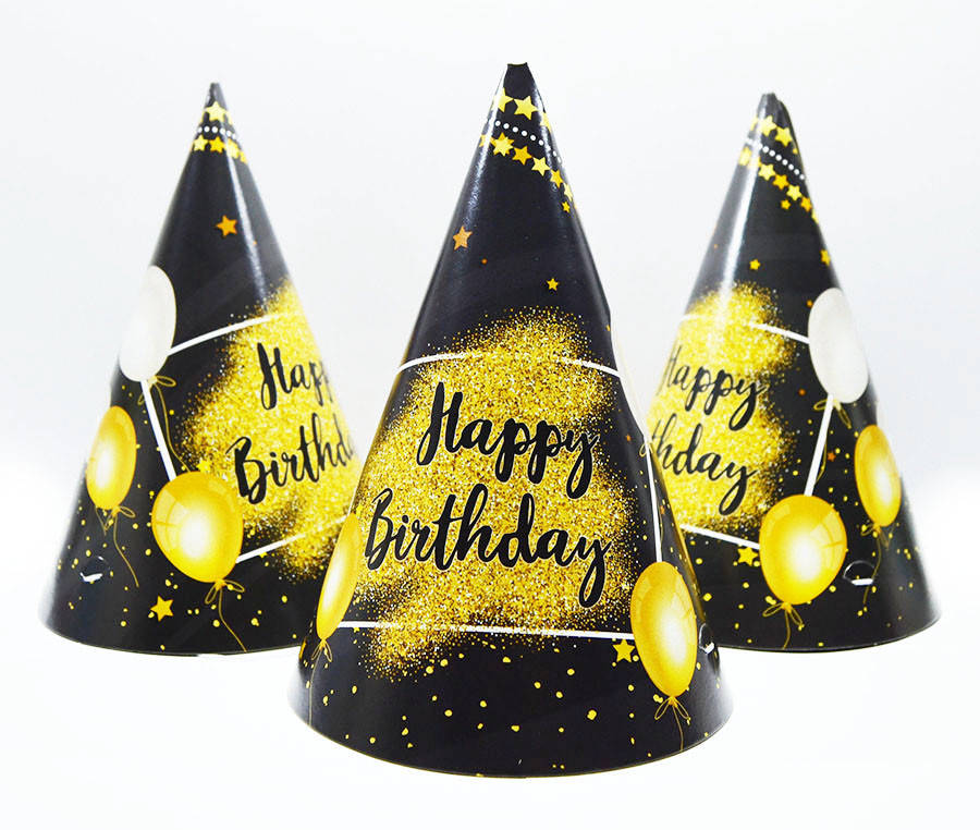 

Колпак праздничный 15см, "Happy Birthday black"