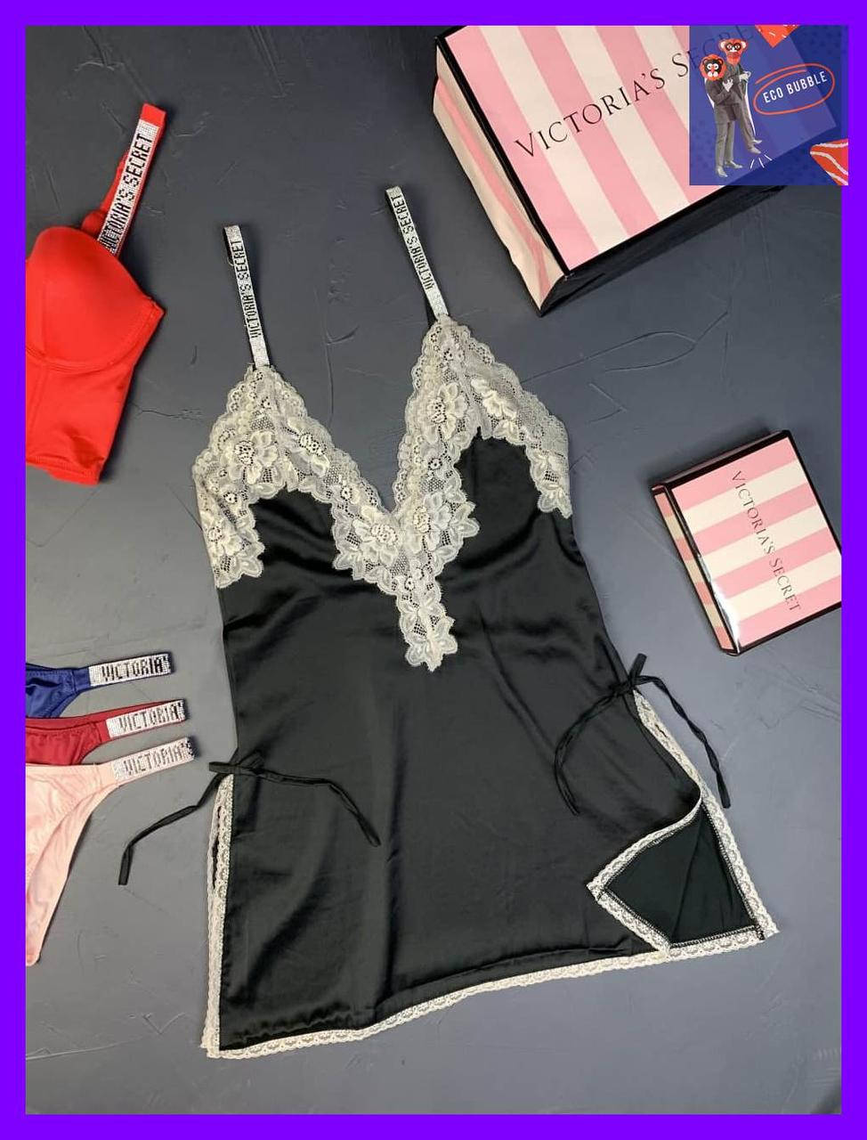 

Пеньюар Victoria s Secret Модель 5 с кружевом и стразами Виктория Сикрет кружевная ночнушка, Черный