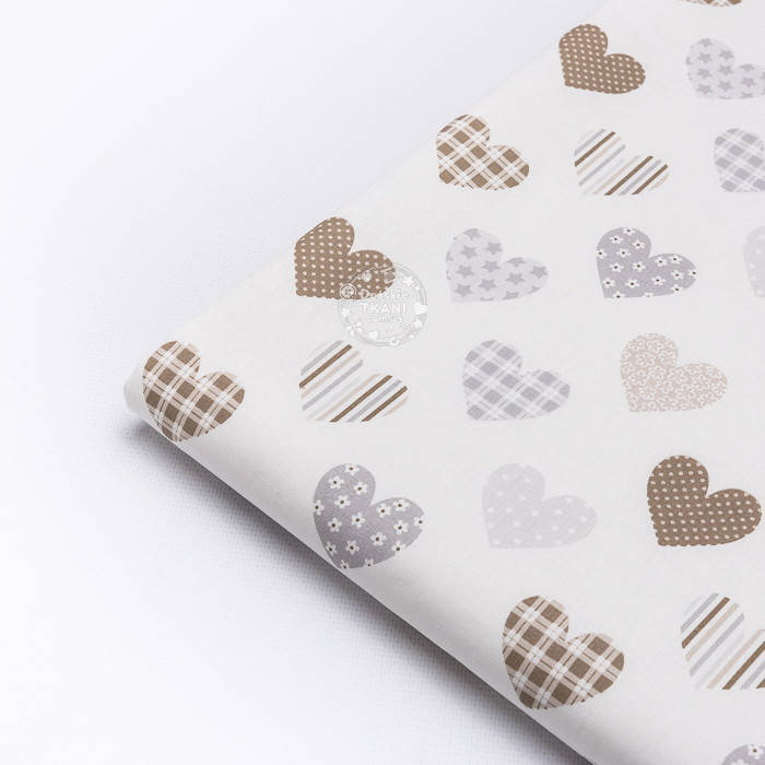 

Отрез ткани "Узорчатые сердечки" серо-кофейного цвета на белом фоне, №2987, размер 98*160 см