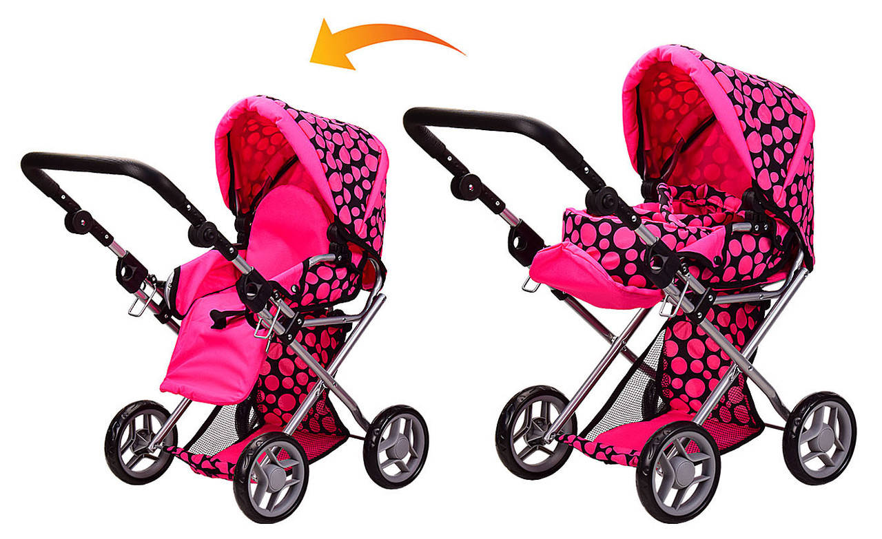 

Коляска для куклы 9346 Melogo розовая в горошек 2 в 1, демисезон, Розовый