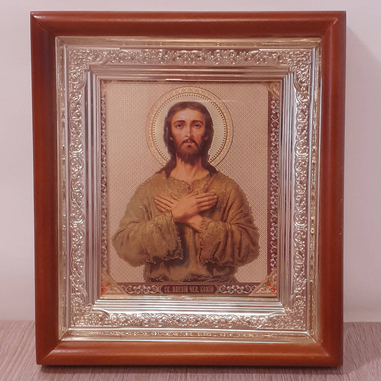 

Икона Святой Алексий человек Божий, лик 10х12 см, в светлом прямом деревянном киоте