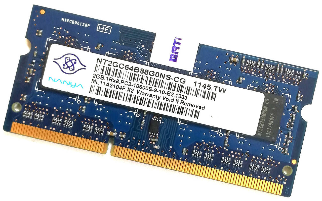 

Оперативная память для ноутбука Nanya SODIMM DDR3 2Gb 1333MHz 10600s 1R8 CL9 (NT2GC64B88G0NS-CG) Б/У