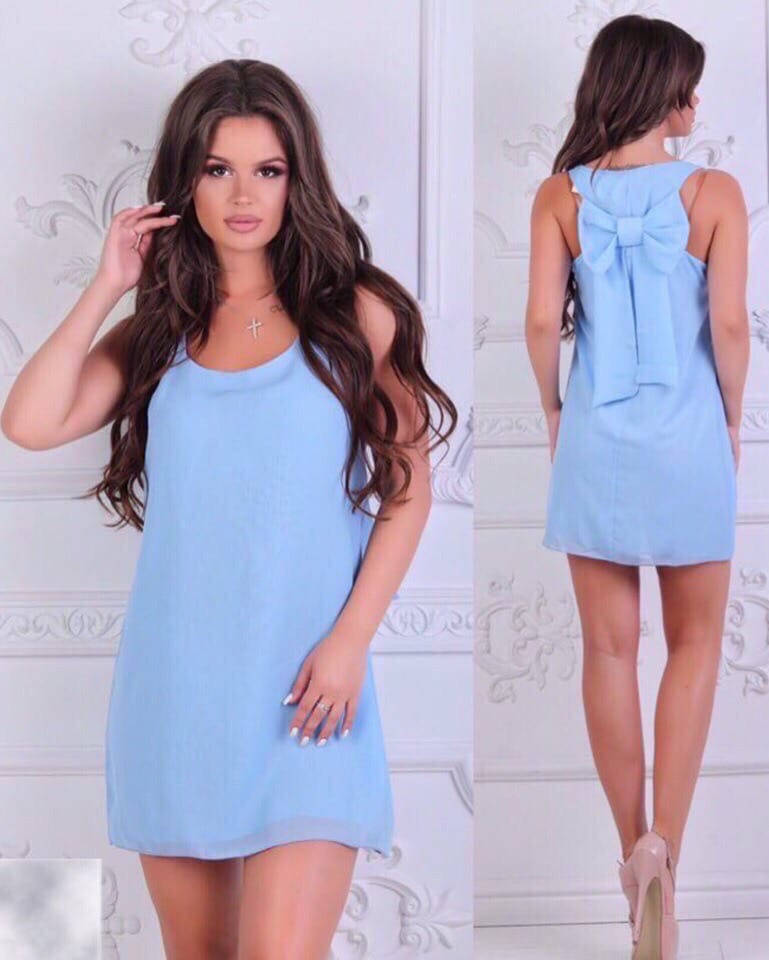 

Короткое летнее платье сарафан из шифона с большим бантом на спине