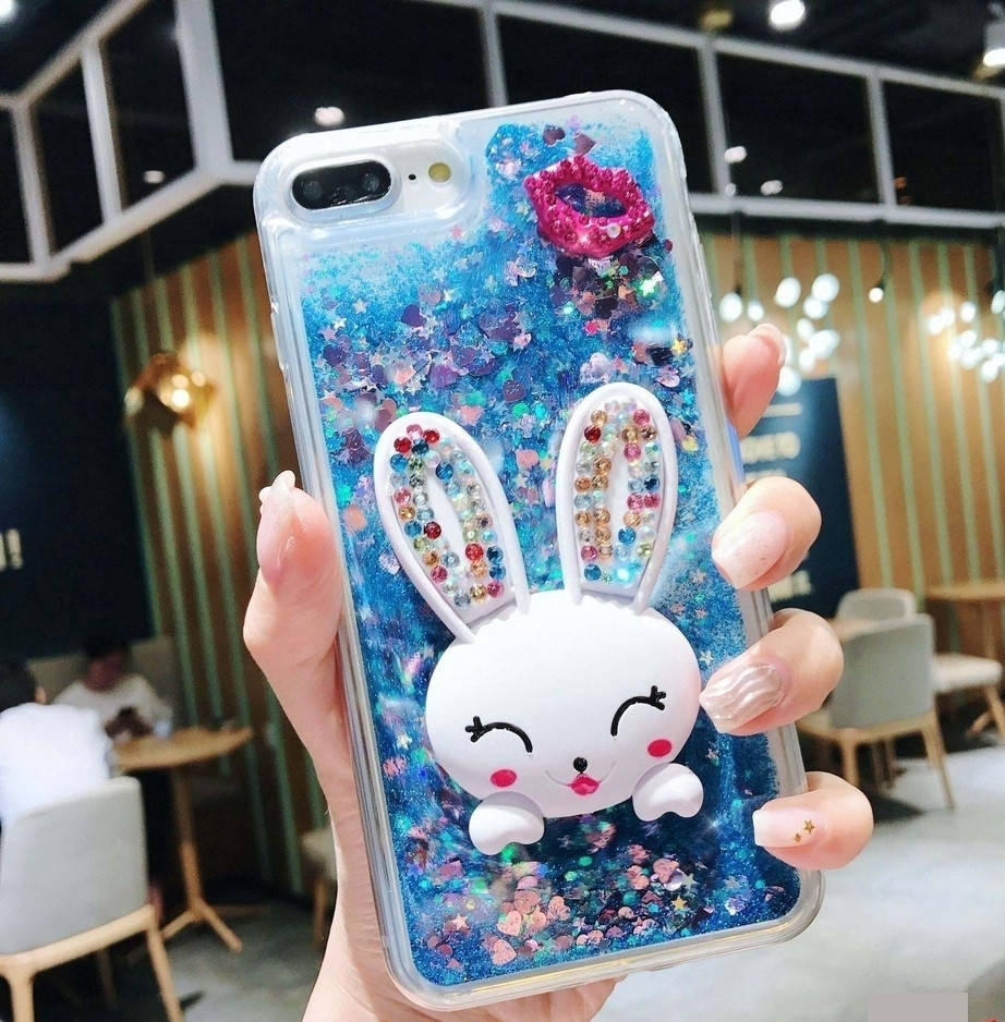 

Чехол Glitter для Iphone 7 Plus / 8 Plus бампер жидкий блеск Заяц Синий