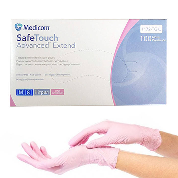 

Розовые нитриловые перчатки Medicom SafeTouch Extend Pink M (7-8), Черный