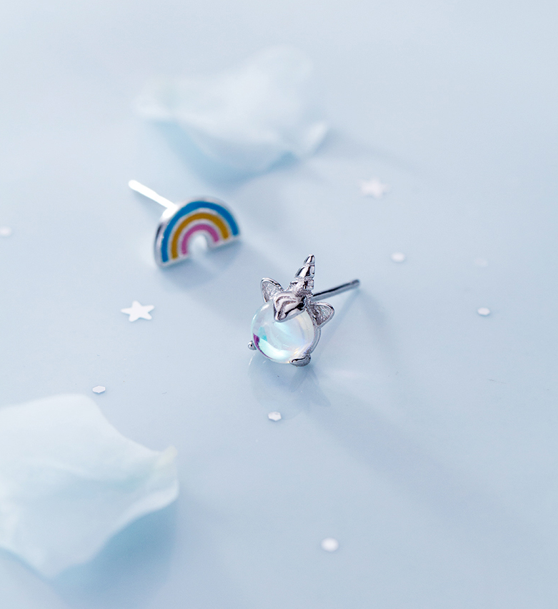 

Серьги серебряные Единорог+Радуга, маленькие детские сережки-гвоздики, серебро 925 пробы