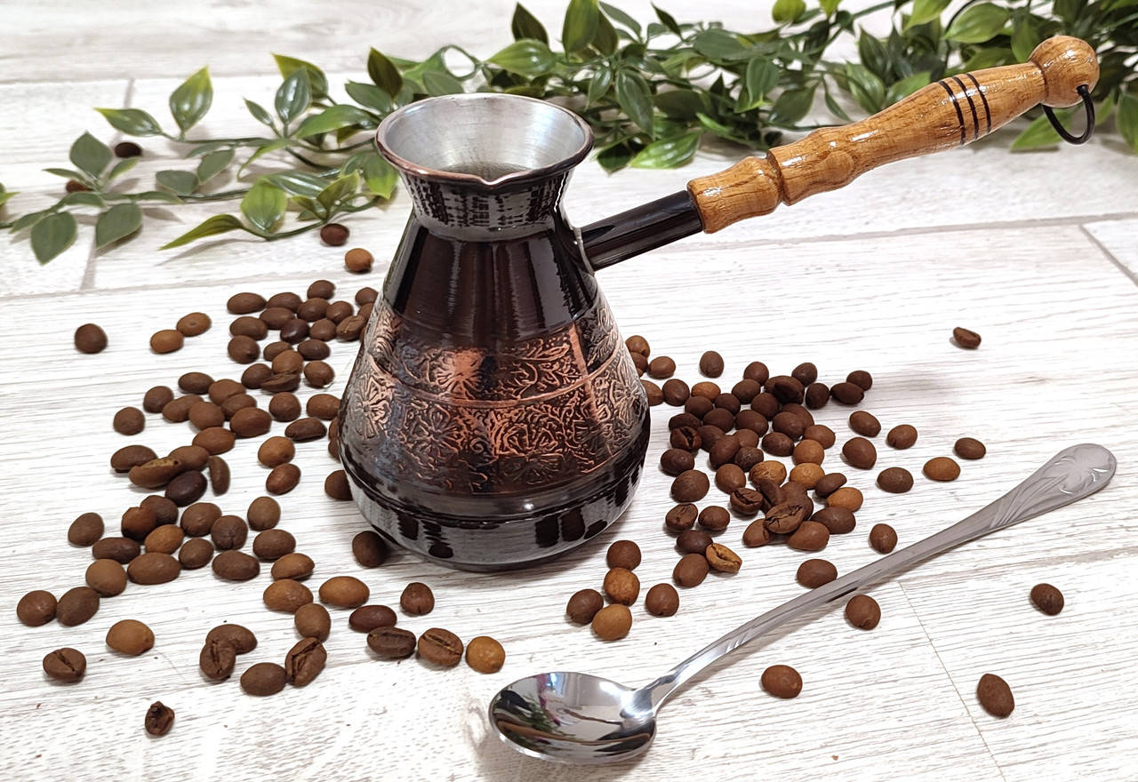 

Медная чеканная турка Ромашка black 300 мл + длинная ложка