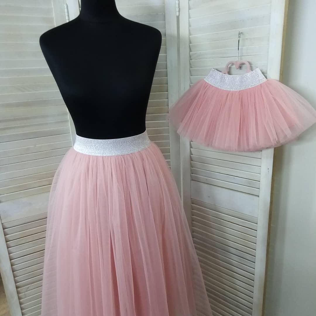 

Пышная юбка для мамы и дочки Family look из евросетки цвет лососевый, Розовый