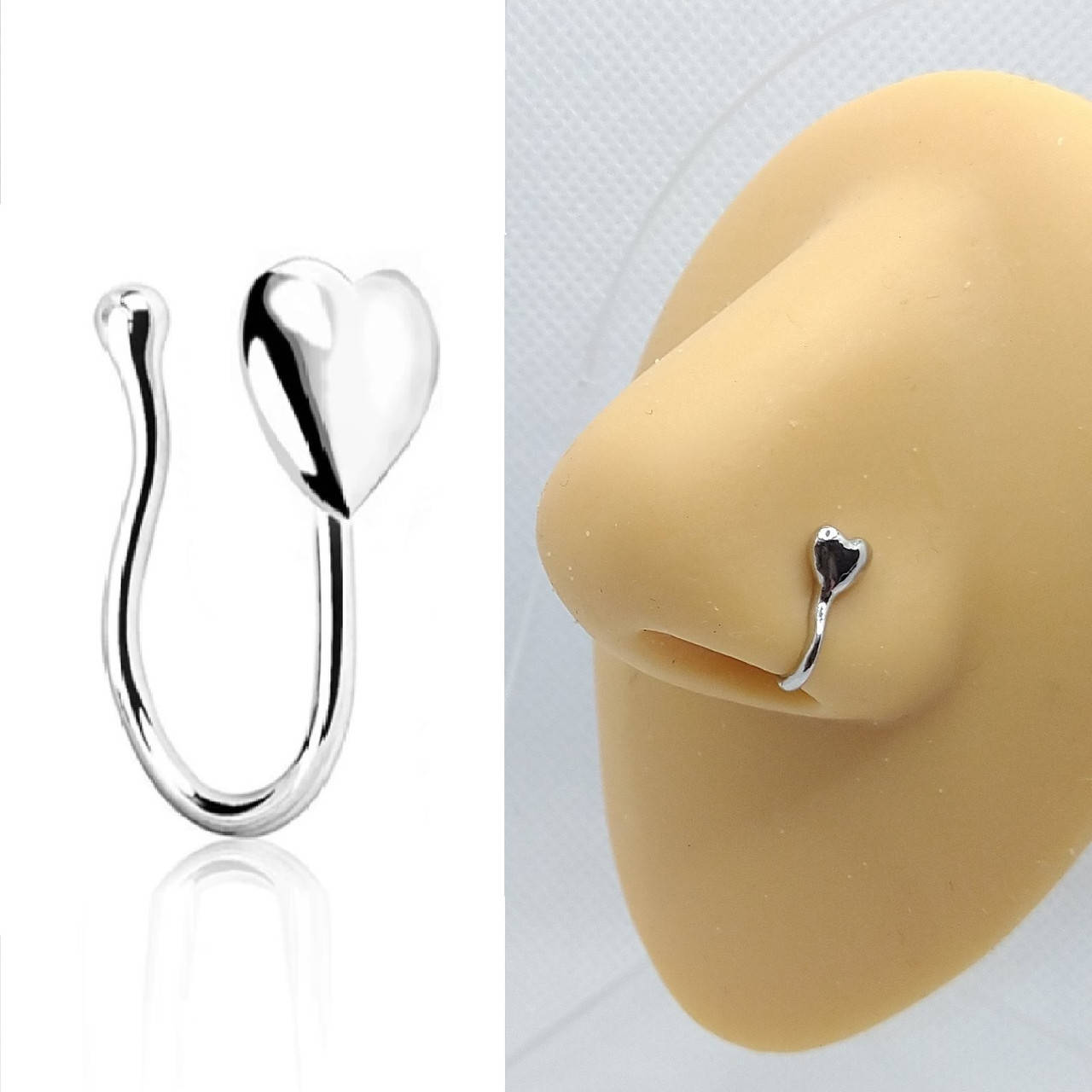 

Серьга клипса пирсинг обманка в нос Сердце цвет серебряный