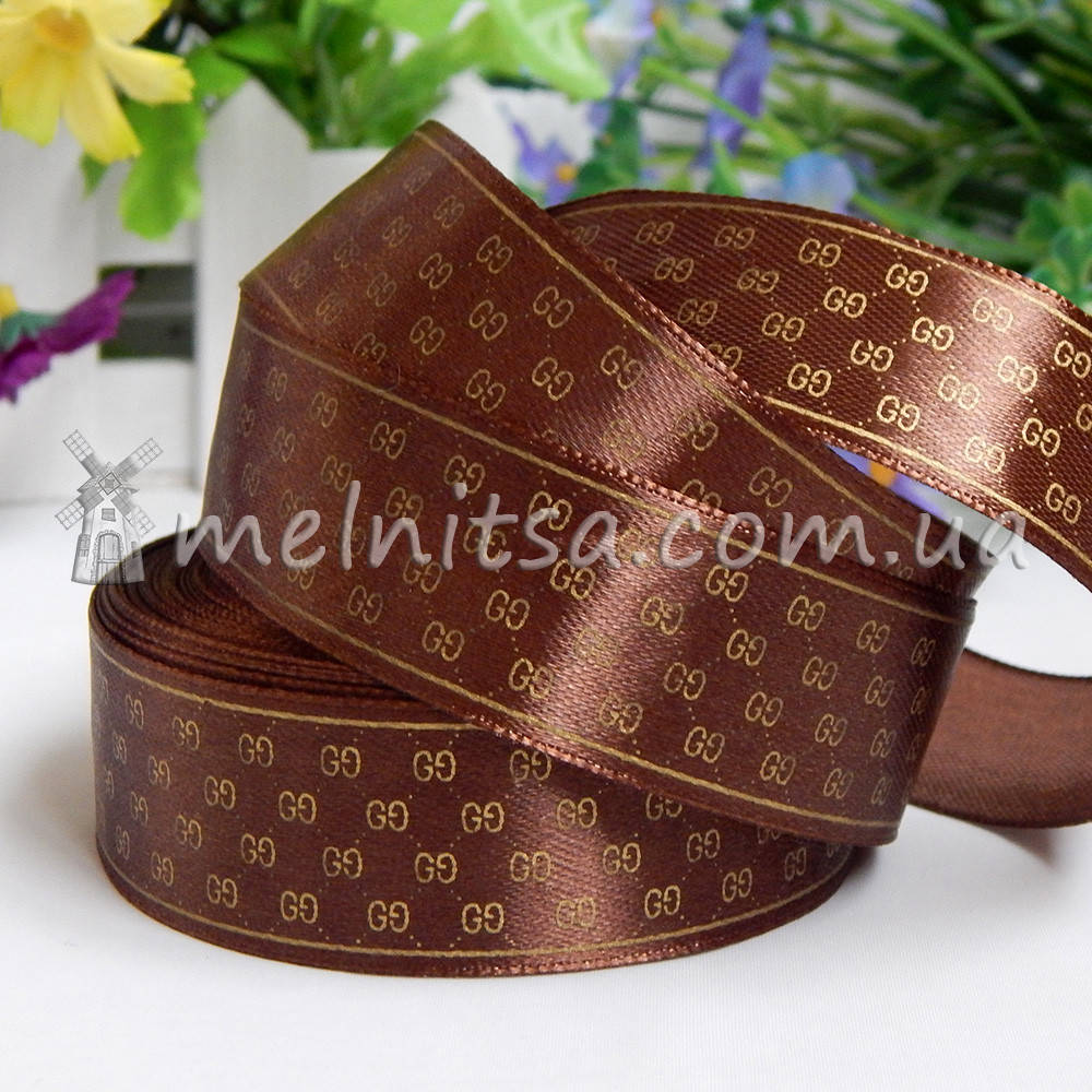 

Атласная лента с принтом Gucci, 2,5 см, коричневый