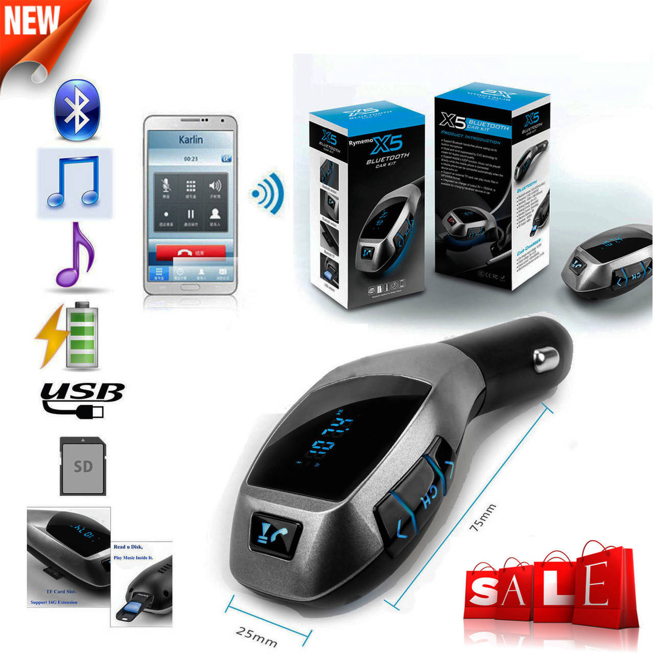 

Автомобильный FM трансмиттер модулятор X5 Bluetooth MP3 Чёрный 130676