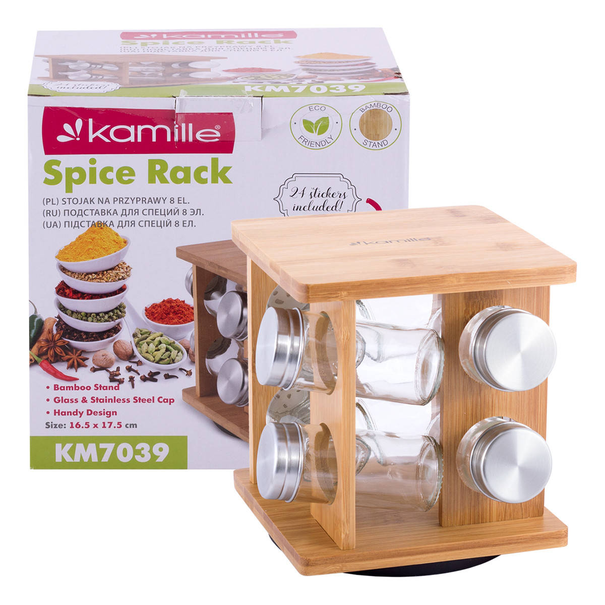 

Набор ёмкостей Kamille для специй на квадратной подставке 8шт. KM-7039