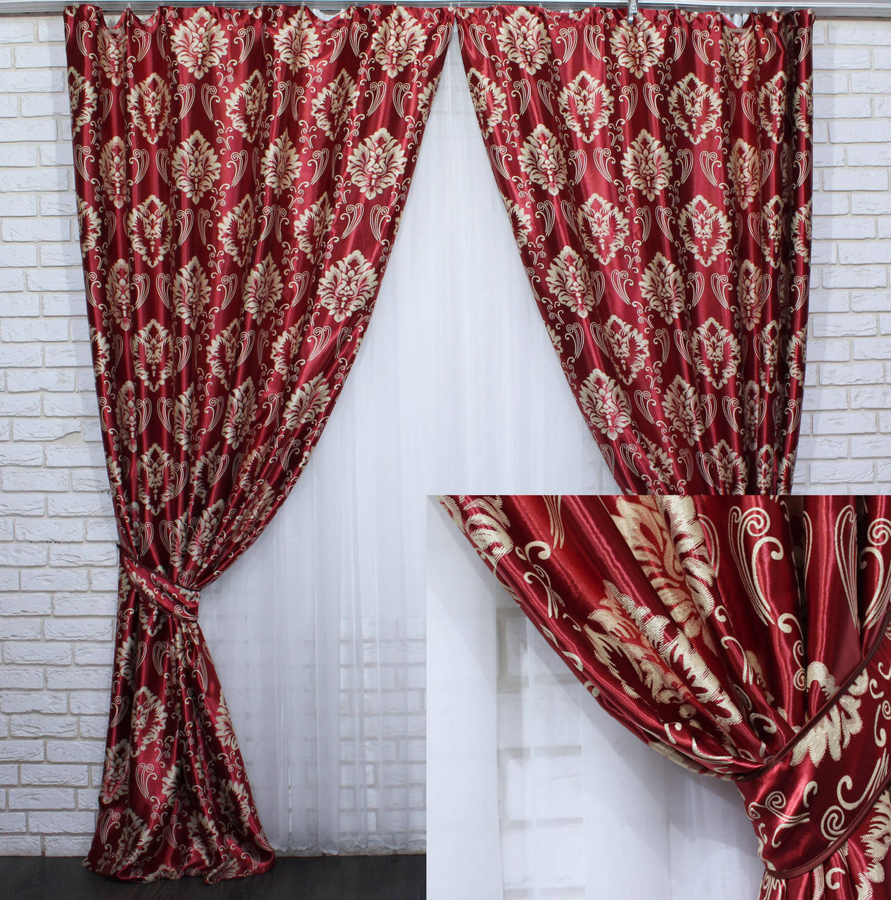

Шторы (2шт 1.5х2.7м) из ткани блэкаут-софт коллекция "Корона Версаль".Цвет бордовый с бежевым . 470 (А) 30-210