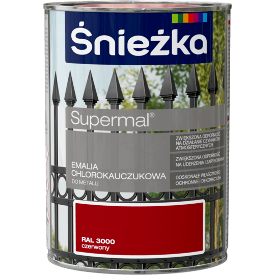 

Краска для металла стойкая эмаль хлоркаучуковая Sniezka Supermal КРАСНАЯ 0,9л RAL3000