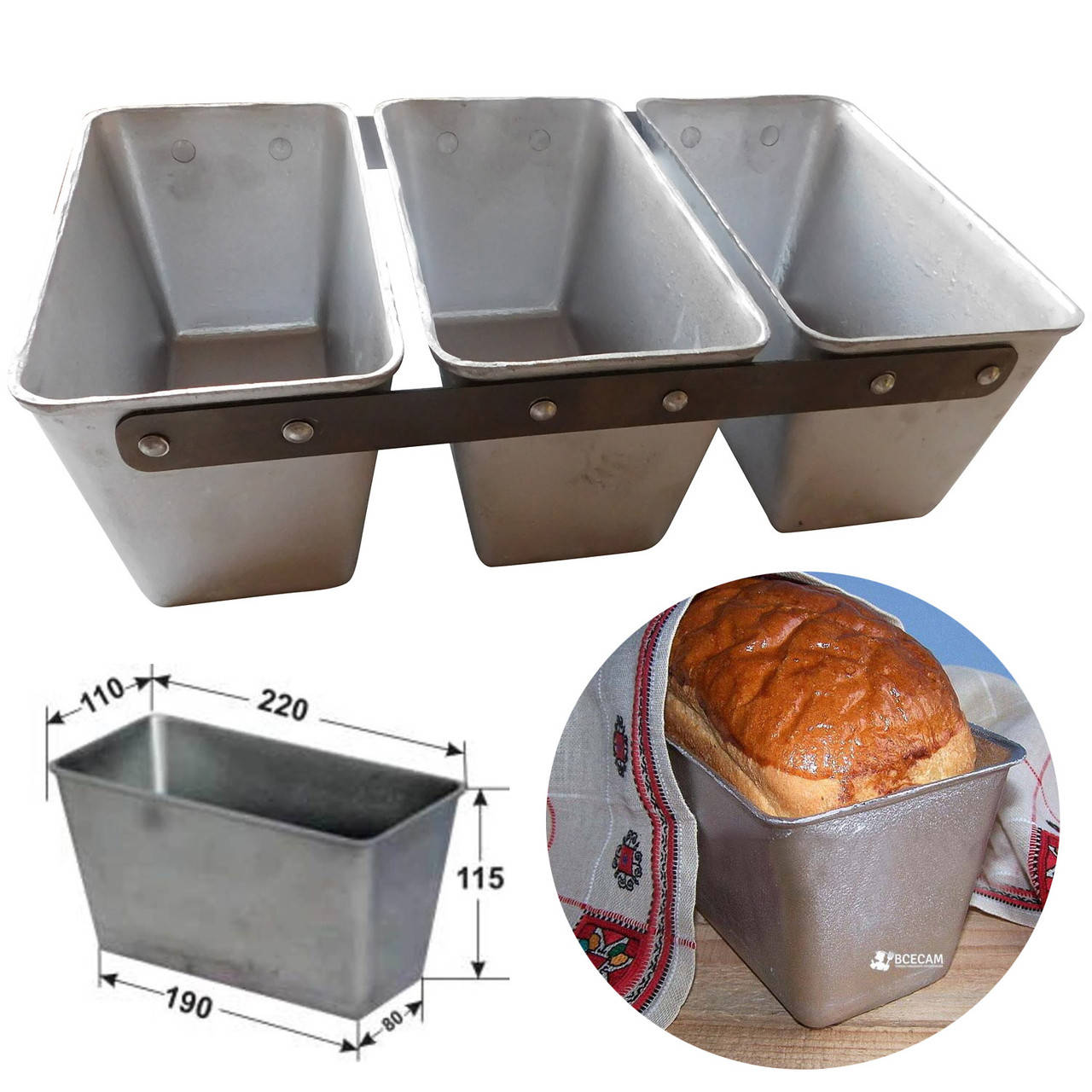 

Форма тройная хлебная для выпечки стандартного "социального" хлеба кирпичика Л7 алюминий /22*11*11.5 см/