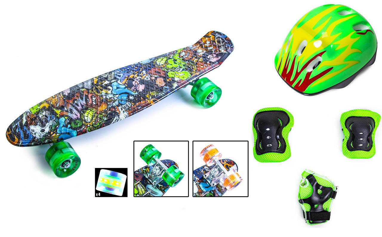 

+ Шлем + Защита Пенни Борд Penny Board 22Д Graffiti Monsters Светящиеся колеса, Оранжевый