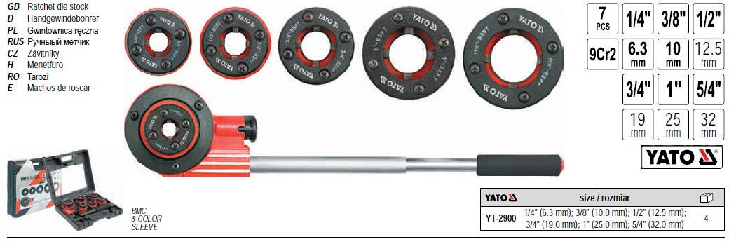 

Набор клуппов трубных YATO Польша клуппы резьбонарезной 1/4"3/8"1/2"3/4"1"5/4" YT-2900