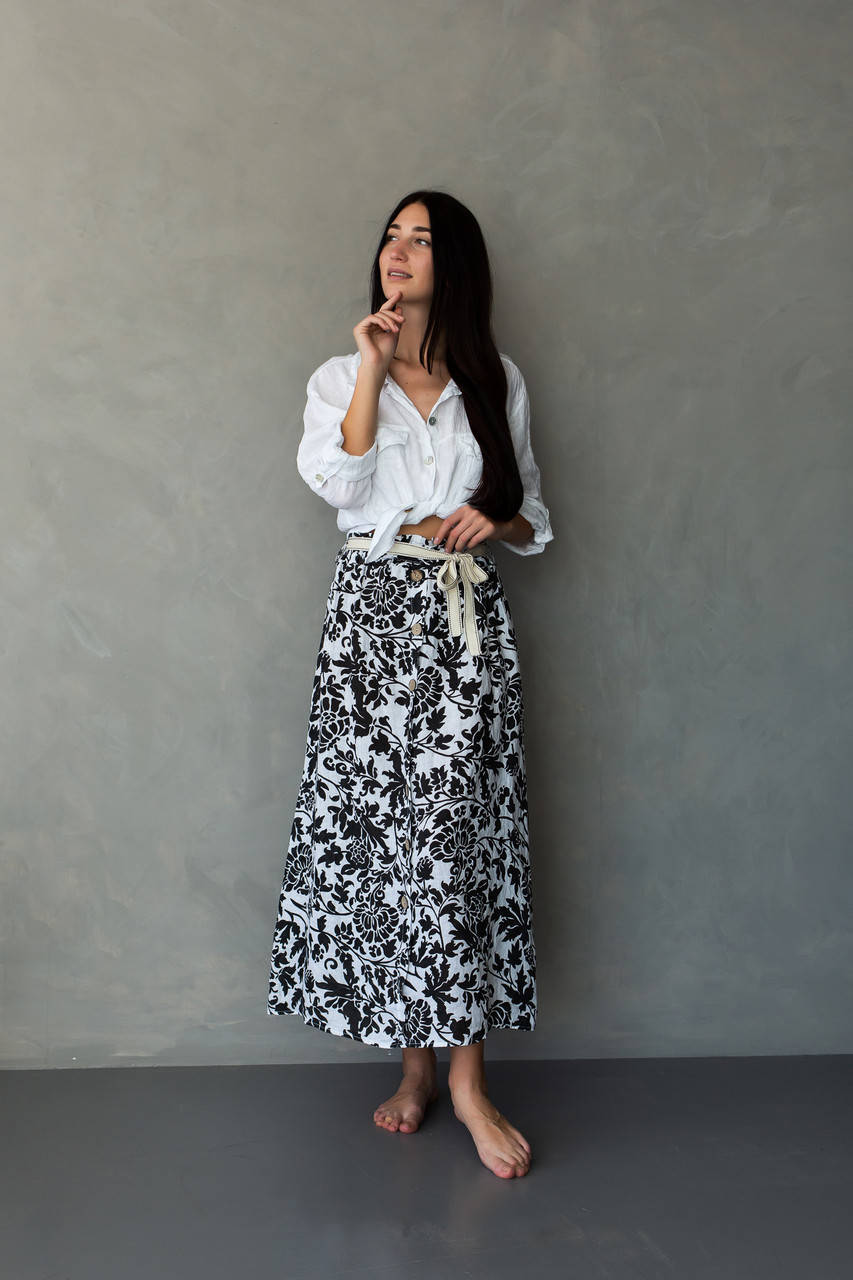 

Льняная юбка с поясом Италия  (5-38) черно-белая, Черно-белый