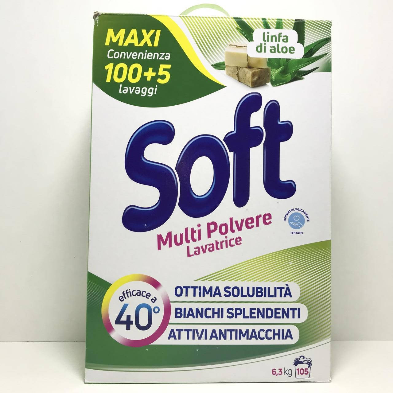 

Порошок для стирки Soft Detersivo in polvere per lavantrice 105 m. "Linda di Aloe" "Аромат алоэ" 6.300кг / 105