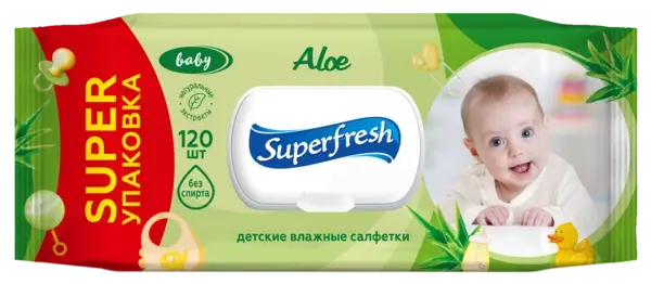 

Влажные салфетки Super Fresh Аloe для детей и мам, с клапаном, 120 шт (4823071642292)