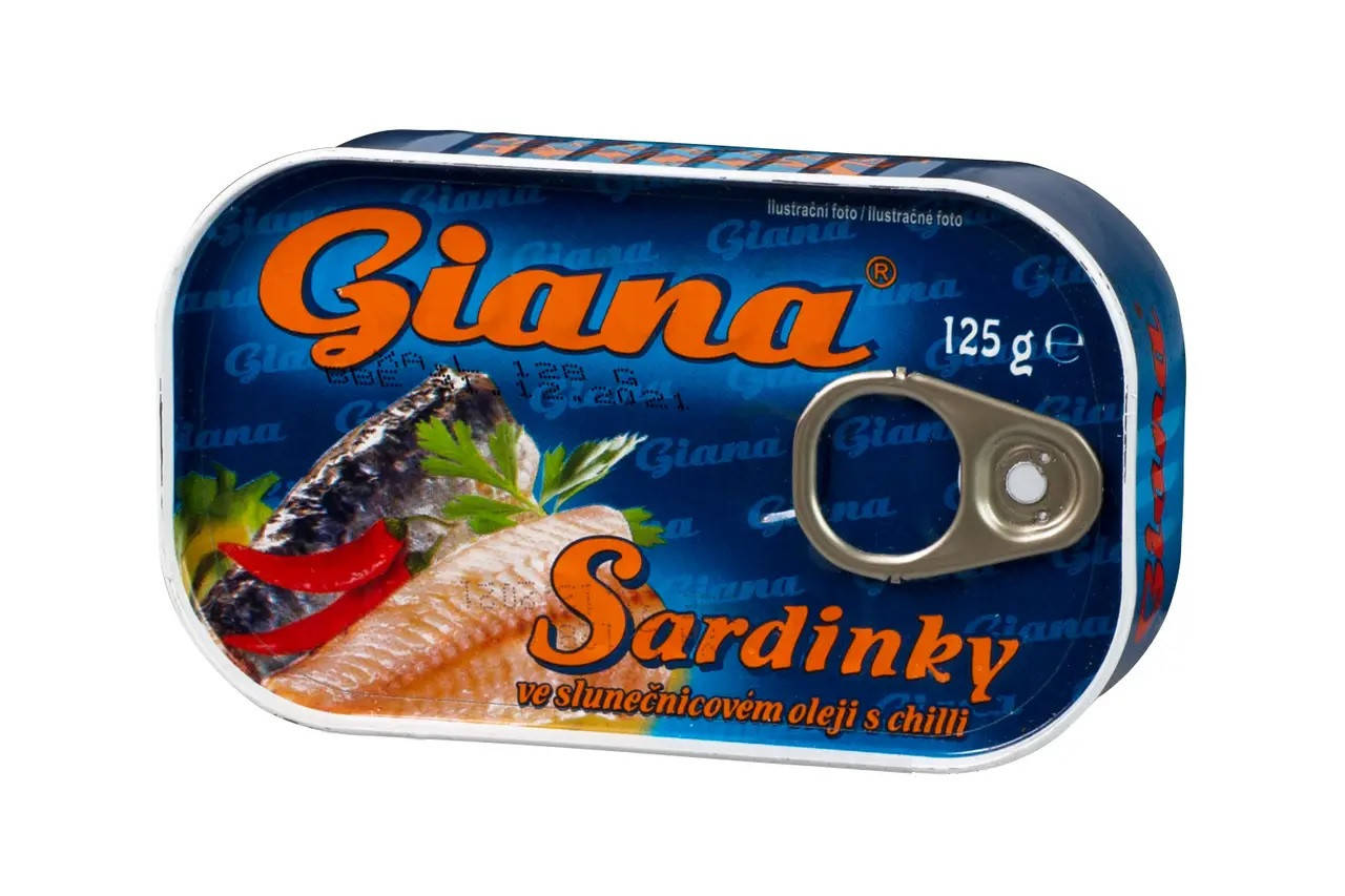 

Сардины Giana в подсолнечном масле с перцем чили Джиана Sardinky ve slunečnicovém oleji chilli 125 г Чехия