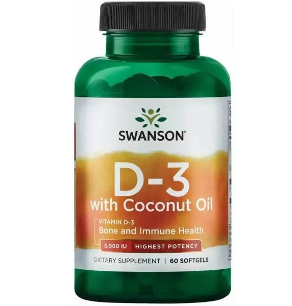 

Витамин D3 с кокосовым маслом, Vitamin D3 with Coconut Oil, 5000 МЕ, Swanson, 60 капсул (SWV-02896)