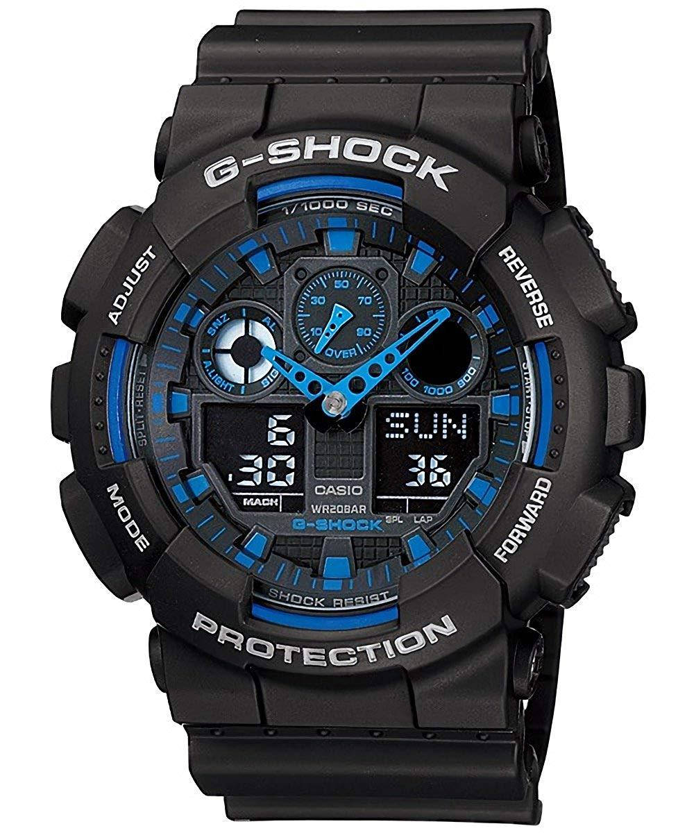 

Часы наручные мужские Casio G-shock GA-100-1A2 черные с синими вставками новые, оригинал