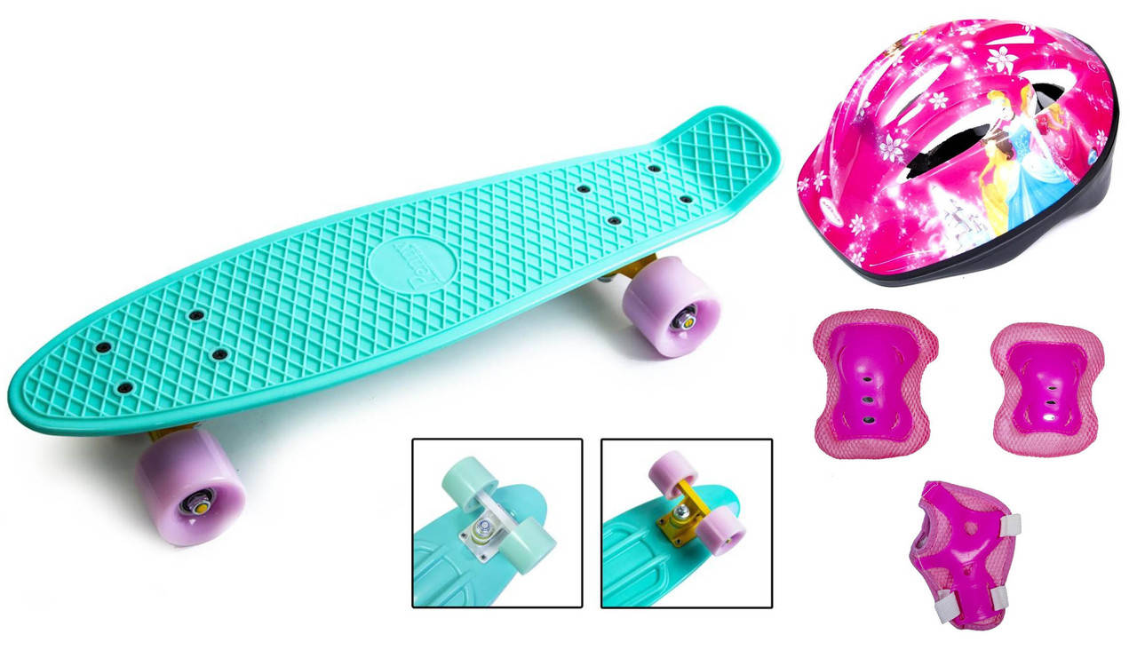 

+ Шлем + Защита + Скейт Пенни Борд Penny Board 22Д Бирюзовый цвет Матовые колеса
