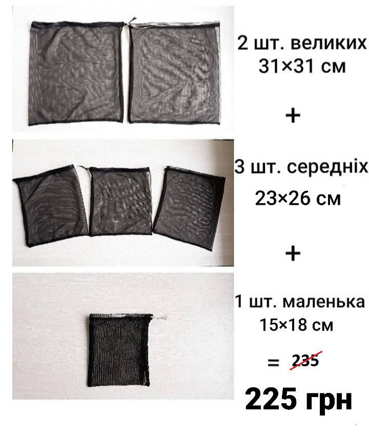 

Набор "1" 6 шт многоразовых мешочков из текстильной сетки для продуктов и вещей 3 разных размеров, Черный