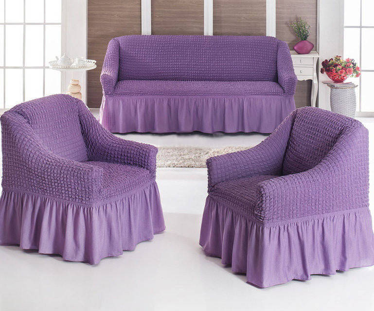 

МНОГО РАСЦВЕТОК! Набор чехлов для мягкой мебели на диван и 2 кресла с рюшами юбочкой сиреневый Турция