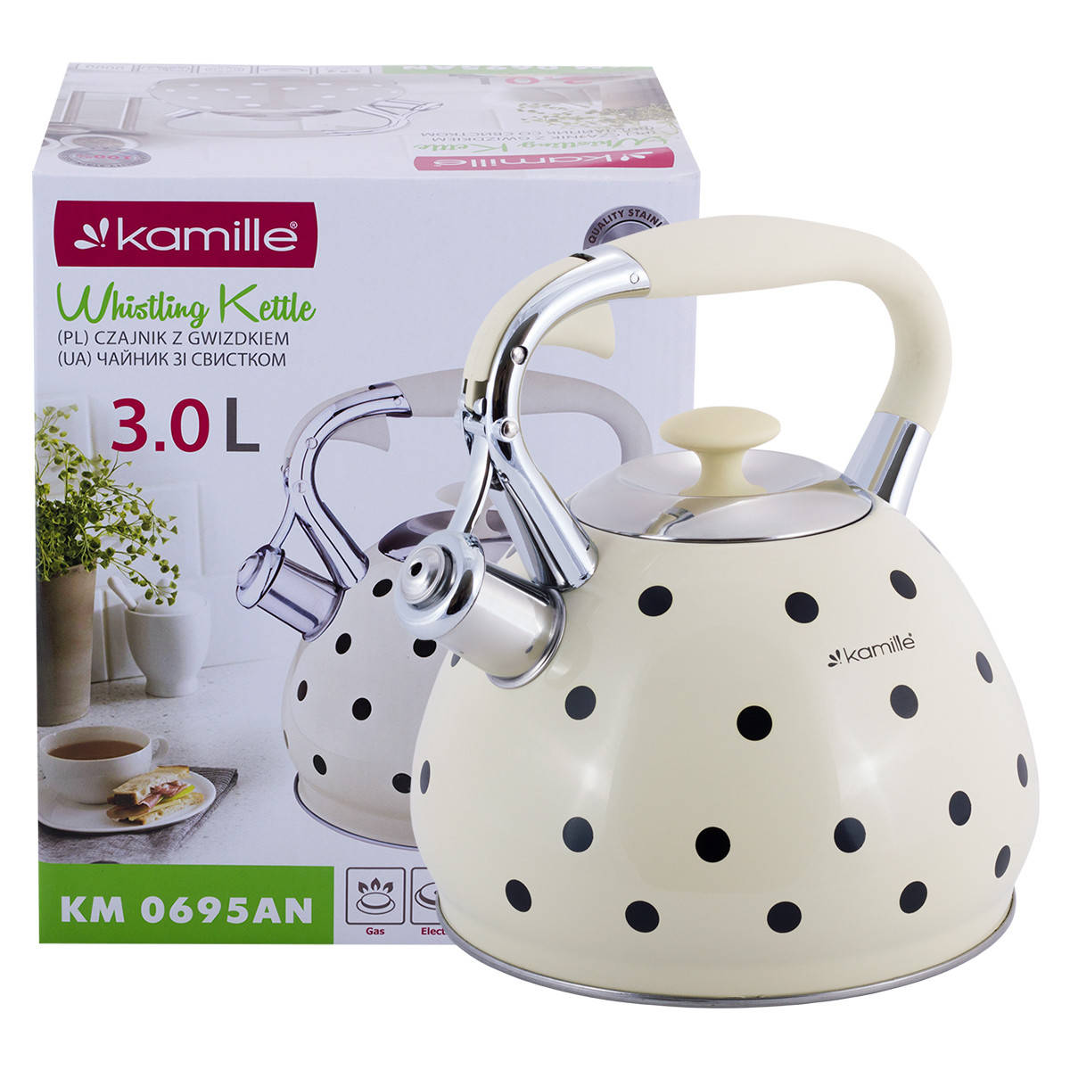 

Чайник Kamille Кремовый 3л из нержавеющей стали со свистком и ручкой для индукции и газа KM-0695AN